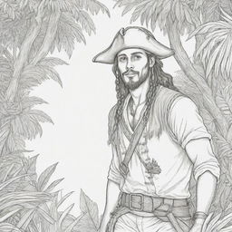 jungle back ground , pirates on a adventure young man ,coloring page line art