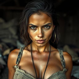 A beautiful 25-year-old woman with exceptionally large breasts and a provocative facial expression, facing directly towards the camera