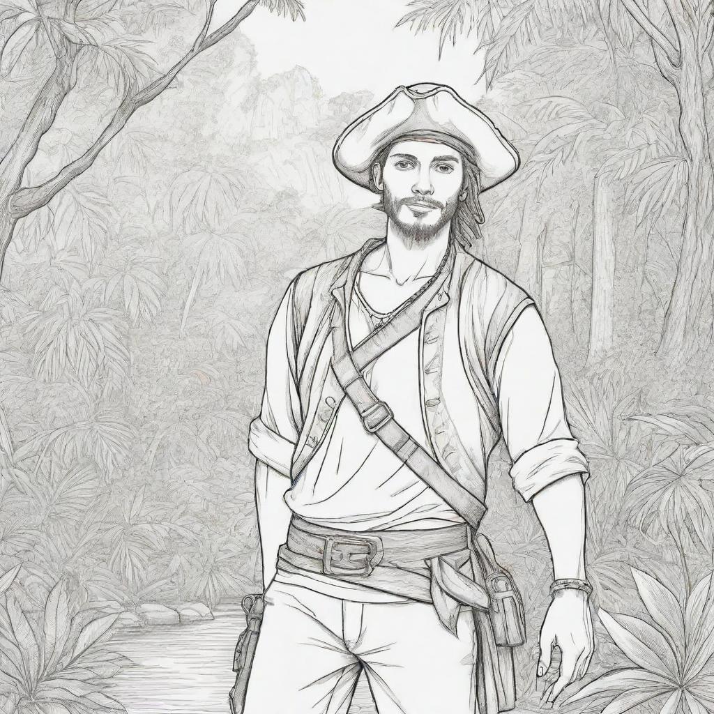 jungle back ground , pirates on a adventure young man ,coloring page line art