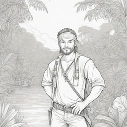 jungle back ground , pirates on a adventure young man ,coloring page line art