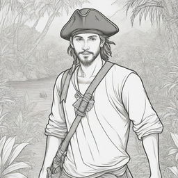 jungle back ground , pirates on a adventure young man ,coloring page line art