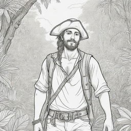 jungle back ground , pirates on a adventure young man ,coloring page line art