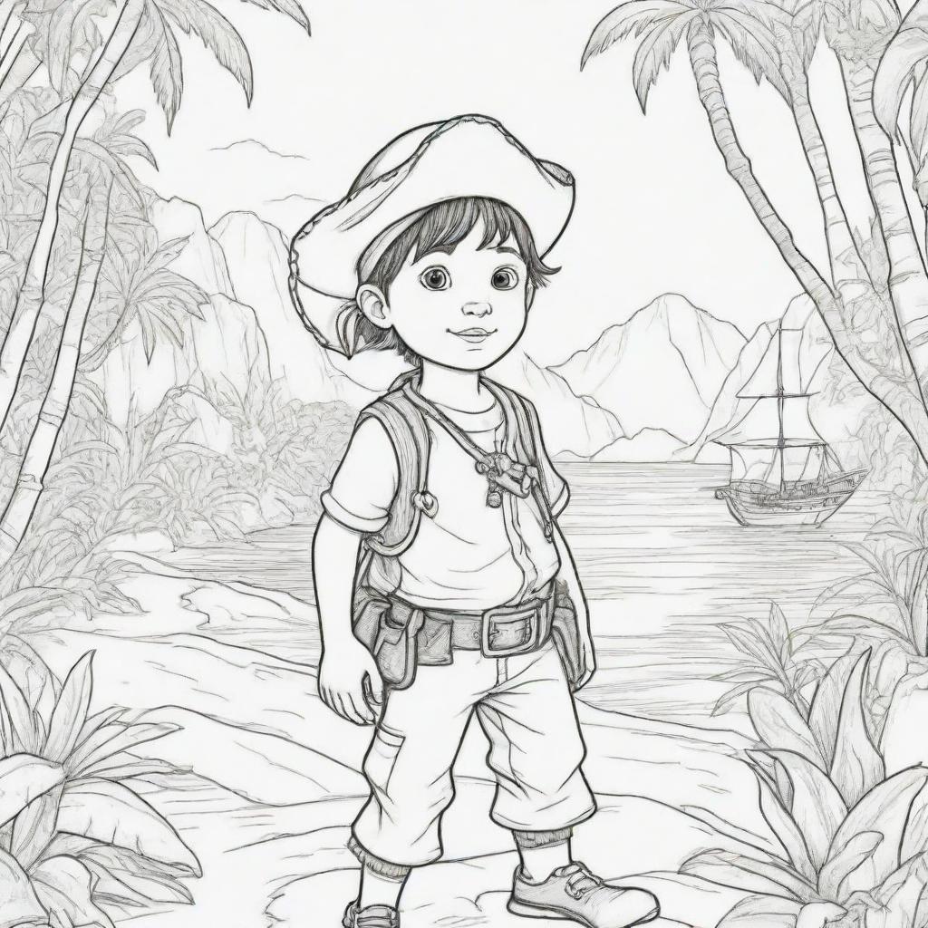 jungle back ground , pirates on a adventure young boy ,coloring page line art