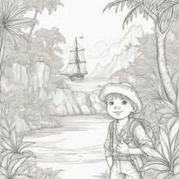 jungle back ground , pirates on a adventure young boy ,coloring page line art