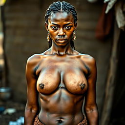 A beautiful 25-year-old woman in poverty, standing confidently and directly facing the camera