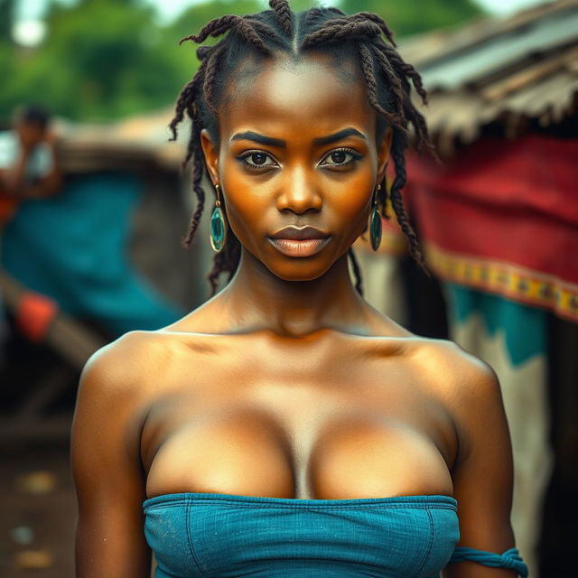 A beautiful 25-year-old woman in poverty, standing confidently and directly facing the camera