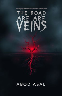 A chilling book cover for a novel titled 'The Road Are Veins', featuring a dark and atmospheric design
