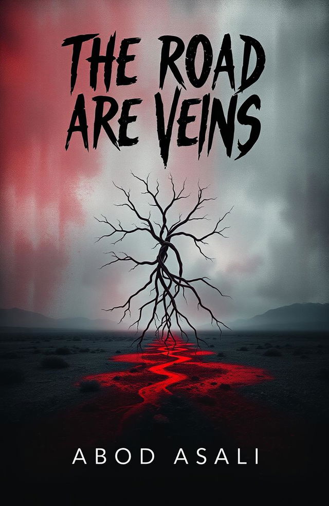 A chilling book cover for a novel titled 'The Road Are Veins', featuring a dark and atmospheric design