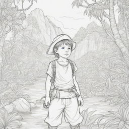 jungle back ground , pirates on a adventure young boy ,coloring page line art