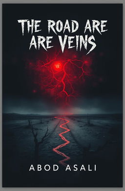 A chilling book cover for a novel titled 'The Road Are Veins', featuring a dark and atmospheric design