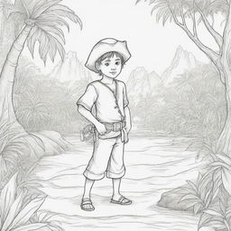 jungle back ground , pirates on a adventure young boy ,coloring page line art