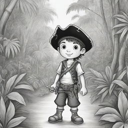 A jungle background featuring a young boy pirate on an adventure, rendered as a black and white line art suitable for a coloring page