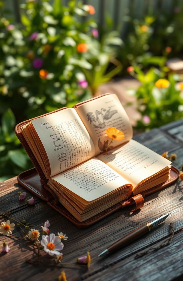 A beautifully crafted leather-bound diary sitting elegantly on a rustic wooden table, surrounded by delicate, colorful flowers and an elegant fountain pen