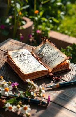 A beautifully crafted leather-bound diary sitting elegantly on a rustic wooden table, surrounded by delicate, colorful flowers and an elegant fountain pen