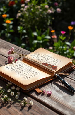 A beautifully crafted leather-bound diary sitting elegantly on a rustic wooden table, surrounded by delicate, colorful flowers and an elegant fountain pen