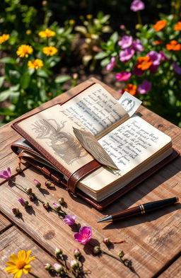 A beautifully crafted leather-bound diary sitting elegantly on a rustic wooden table, surrounded by delicate, colorful flowers and an elegant fountain pen