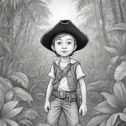 A jungle background featuring a young boy pirate on an adventure, rendered as a black and white line art suitable for a coloring page