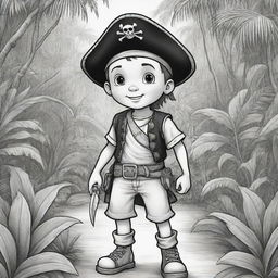 A jungle background featuring a young boy pirate on an adventure, rendered as a black and white line art suitable for a coloring page