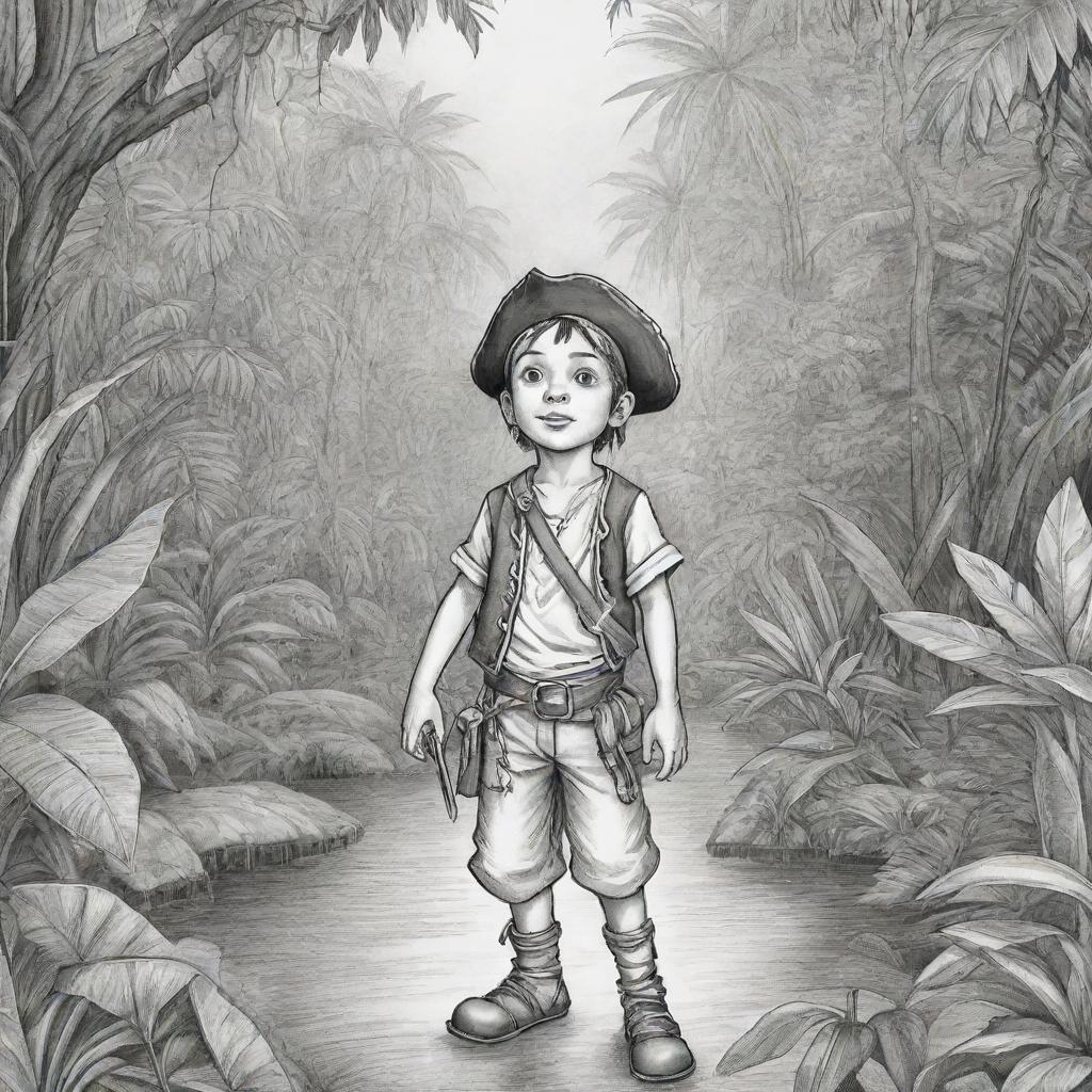 A jungle background featuring a young boy pirate on an adventure, rendered as a black and white line art suitable for a coloring page