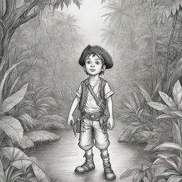 A jungle background featuring a young boy pirate on an adventure, rendered as a black and white line art suitable for a coloring page