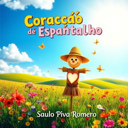 A vibrant and imaginative book cover for 'Coração de Espantalho' by Saulo Piva Romero