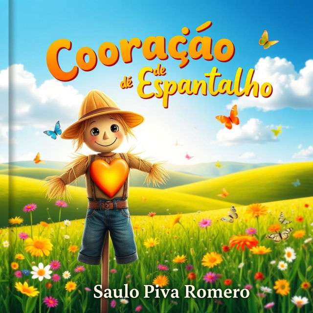 A vibrant and imaginative book cover for 'Coração de Espantalho' by Saulo Piva Romero