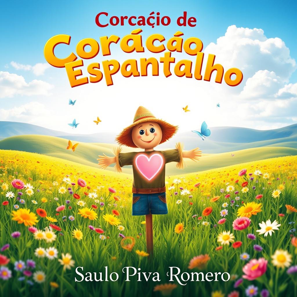 A vibrant and imaginative book cover for 'Coração de Espantalho' by Saulo Piva Romero