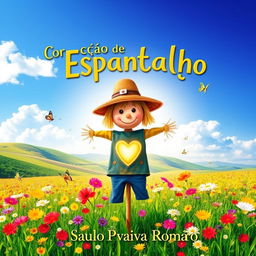 A vibrant and imaginative book cover for 'Coração de Espantalho' by Saulo Piva Romero