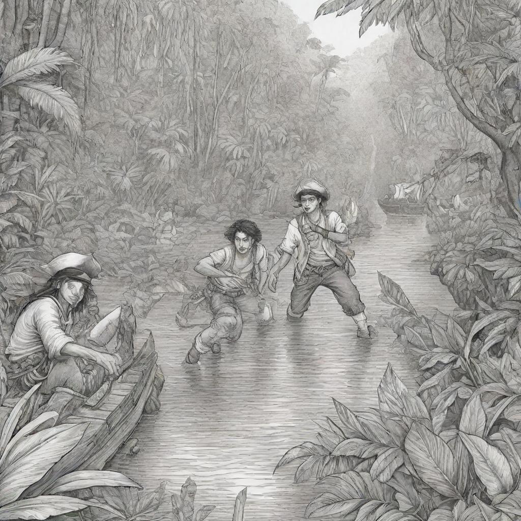 A jungle background showing a group of teenage pirates on a thrilling adventure, crafted as black and white line art suitable for a coloring page