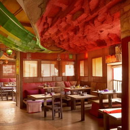 A cosy and modest restaurant with Dhaba-style setup highlighting elements of Malvan architecture.