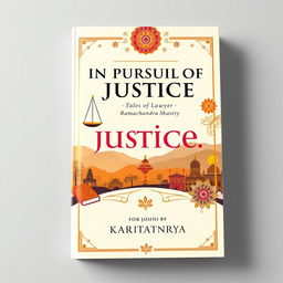 An elegant book cover design for the novel 'In Pursuit of Justice: Tales of Lawyer Ramachandra Shastry' by Chaitanya, beautifully illustrating the riveting journey of a young, determined lawyer