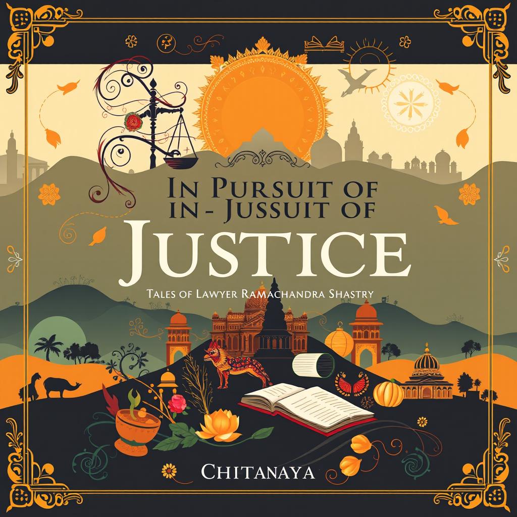 An elegant book cover design for the novel 'In Pursuit of Justice: Tales of Lawyer Ramachandra Shastry' by Chaitanya, beautifully illustrating the riveting journey of a young, determined lawyer