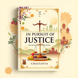 An elegant book cover design for the novel 'In Pursuit of Justice: Tales of Lawyer Ramachandra Shastry' by Chaitanya, beautifully illustrating the riveting journey of a young, determined lawyer
