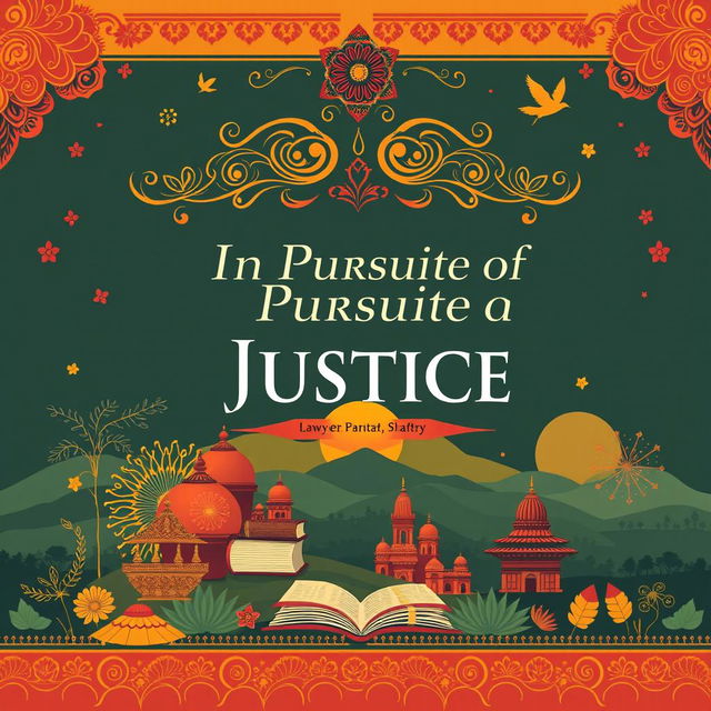 An elegant book cover design for the novel 'In Pursuit of Justice: Tales of Lawyer Ramachandra Shastry' by Chaitanya, beautifully illustrating the riveting journey of a young, determined lawyer