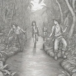 A jungle background showing a group of teenage pirates on a thrilling adventure, crafted as black and white line art suitable for a coloring page