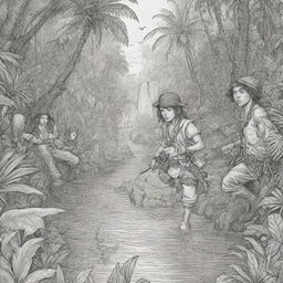 A jungle background showing a group of teenage pirates on a thrilling adventure, crafted as black and white line art suitable for a coloring page