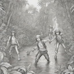 A jungle background showing a group of teenage pirates on a thrilling adventure, crafted as black and white line art suitable for a coloring page