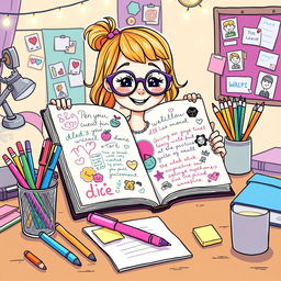 A colorful and whimsical illustration of a girl's diary sitting open on a desk