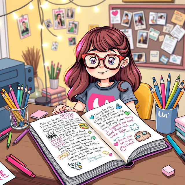 A colorful and whimsical illustration of a girl's diary sitting open on a desk