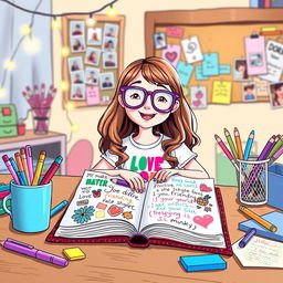 A colorful and whimsical illustration of a girl's diary sitting open on a desk