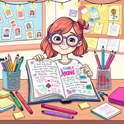 A colorful and whimsical illustration of a girl's diary sitting open on a desk