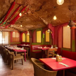 A cosy and modest restaurant with Dhaba-style setup highlighting elements of Malvan architecture.