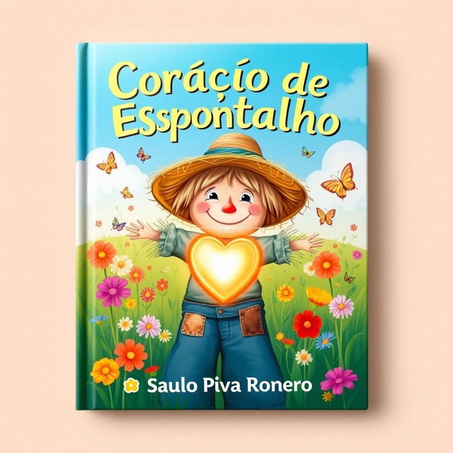 A captivating book cover for 'Coração de Espantalho' by Saulo Piva Ronero, designed for children