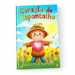A whimsical and colorful book cover for 'Coração de Espantalho' by Saulo Piva Ronero, designed for a children's audience