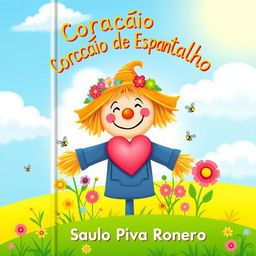 A whimsical and colorful book cover for 'Coração de Espantalho' by Saulo Piva Ronero, designed for a children's audience