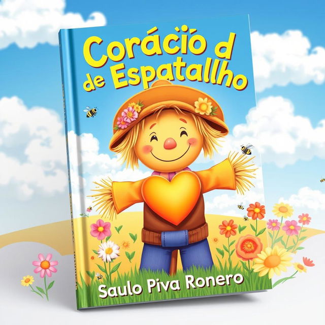 A whimsical and colorful book cover for 'Coração de Espantalho' by Saulo Piva Ronero, designed for a children's audience