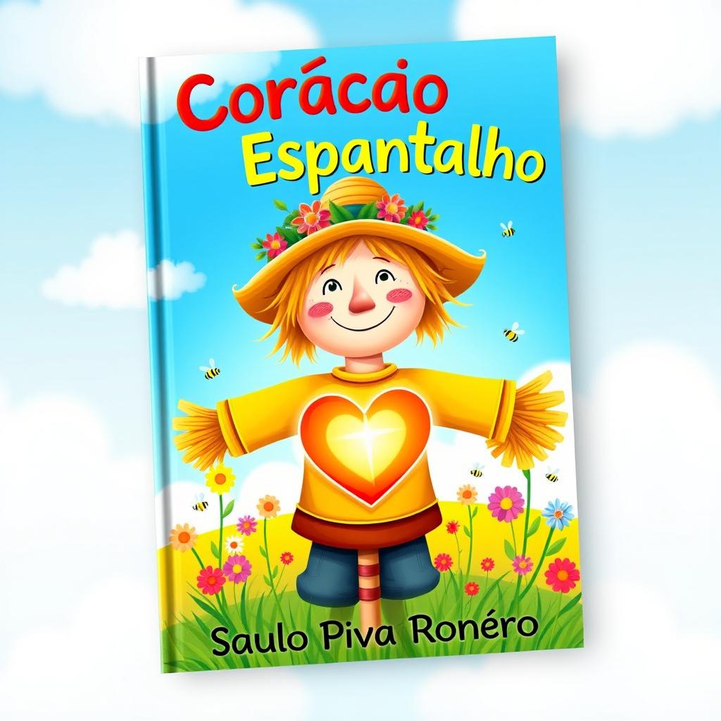 A whimsical and colorful book cover for 'Coração de Espantalho' by Saulo Piva Ronero, designed for a children's audience