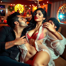 Sensual Radhika Seth in alluring lingerie, complemented by her striking red lipstick