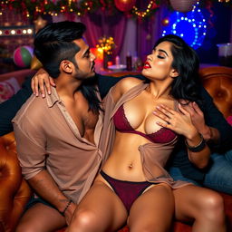 Sensual Radhika Seth in provocative lingerie, accentuated by her bold red lipstick