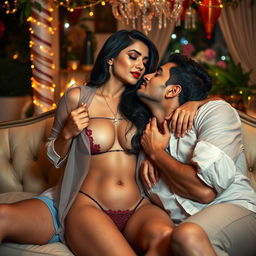 Sensual Radhika Seth in provocative lingerie, accentuated by her bold red lipstick